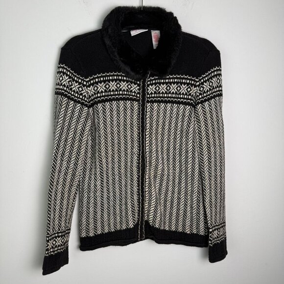 Liz Claiborne Sweater Meg Allen Ramie Cotton Zip Up Removable Faux Fur Collar Sm - Picture 1 of 9